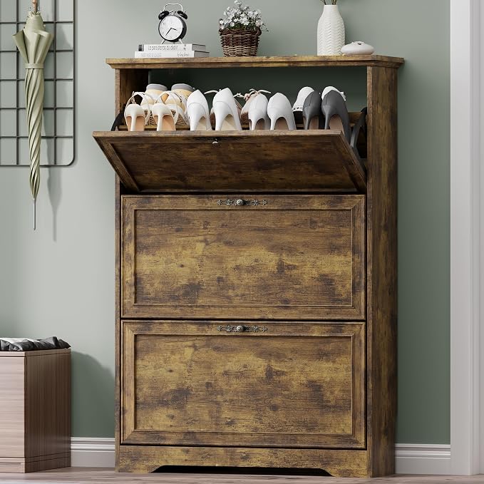 BORNOON 3 Flips Shoe Cabinet for Entryway, Narrow Shoe Storage Cabinet with Adjustable Shelves, Wooden Space-Saving Organizer and Rack for Foyer, Closet, Hallway by BORNOON