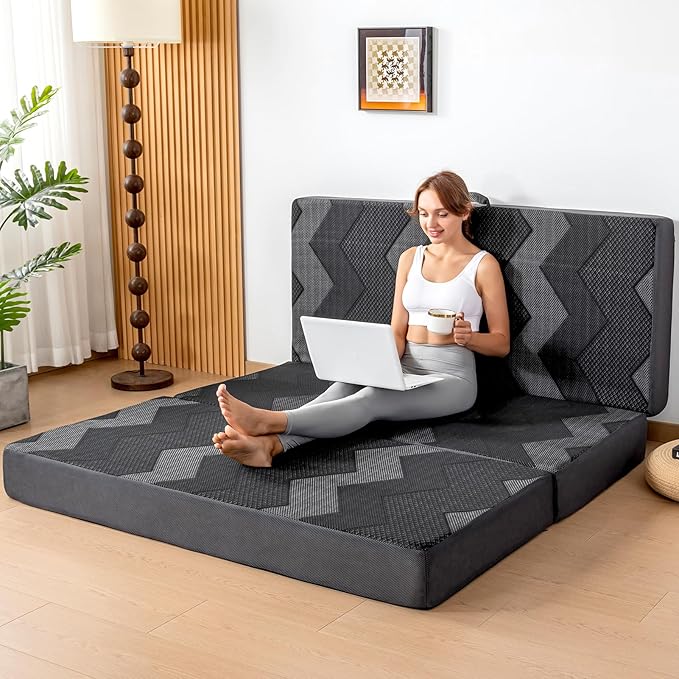 INGEROOM Foldable Mattress Queen - Memory Foam 6 inch Trifold Mattress for Camping, with Portable Handle, Non-Slip Folding Floor Bed Sofa for Guest Travel Yoga, Washable Breathable Cover