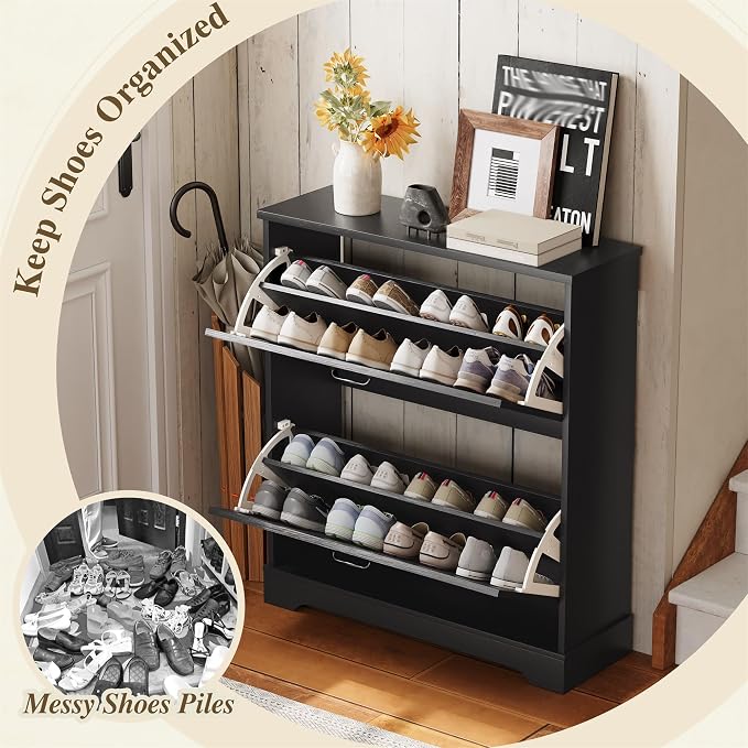 Semiocthome Farmhouse Shoe Storage Cabinet with 2 Flip Drawers, 31.5"(W) Freestanding Shoe Organizer with Barn Door and Metal Handles for Entryway, Corner Rustic Narrow Shoe Rack Cabinet - Black - Image 5