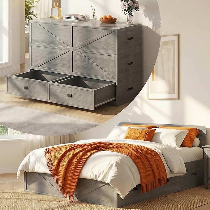 CECER Murphy Bed Queen with Mattress Include，Queen Size Murphy Bed with Storage Drawers，Multi-Functional Desgin that Converts to Sofa Set for Small Spaces/Guest Room/Bedroom（Grey）