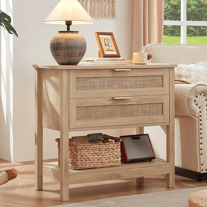 LEYAOYAO 31.5" Wide Rattan Night Stands Set 2, Oversized Large Boho Nightstand with 2 Drawer, Natural Wood Bed Side End Tables with Storage Shelf, Tall Bedside Table for Bedroom Living Room, Hallway - Image 3