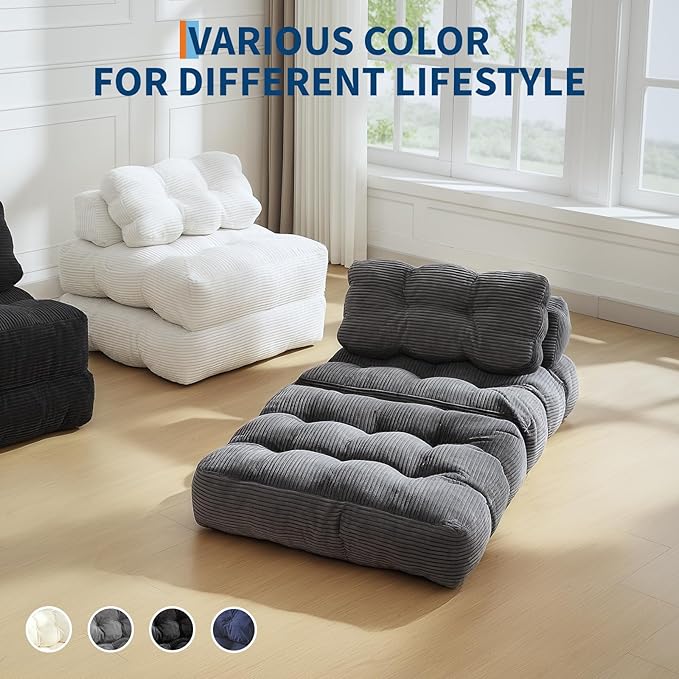 Folding Sofa Bed, Convertible Sleeper Chair with Pillow Foldable Matress with Back Support, Portable Fold Out Chair Bed Comfy Floor Sofa Lounge for Living Room Bedroom, Gray, Single