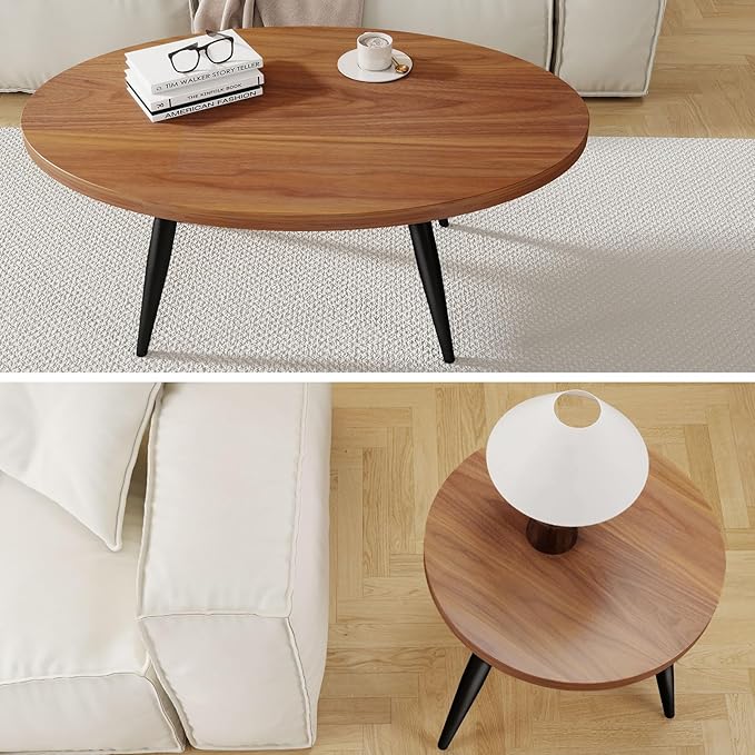 2-Piece Nesting Coffee Table Set, Oval & Round Mid-Century Modern Side Tables with MDF Tabletop & Metal Tapered Legs, Accent Table Set for Living Room, Small Spaces (Walnut)