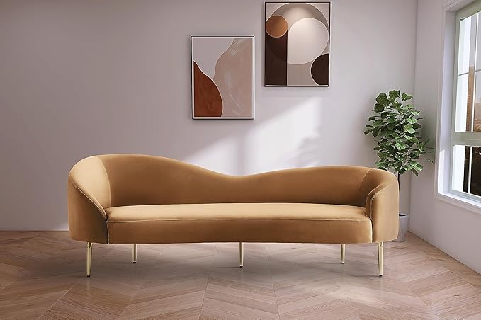 Meridian Furniture 659Saddle-S Ritz Collection Modern | Contemporary Upholstered Sofa with Rich Saddle Velvet, Gold Metal Legs, Curved Contemporary Design, 85.5" W x 31.75" D x 30.5" H, Saddle