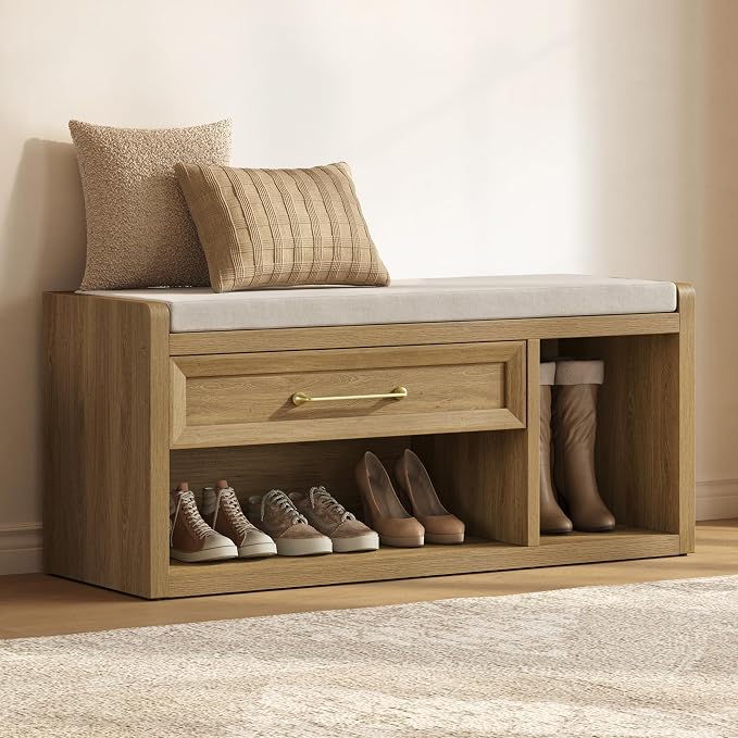 SICOTAS Shoe Bench with Storage, 40.6" Extra Wide Farmhouse Entryway Bench with Cushion, Drawer & Tall Boot Shelf, 18.9" Comfort Height Seat, Large Storage Bench for Bedroom Hallway Mudroom,Brown Oak by SICOTAS