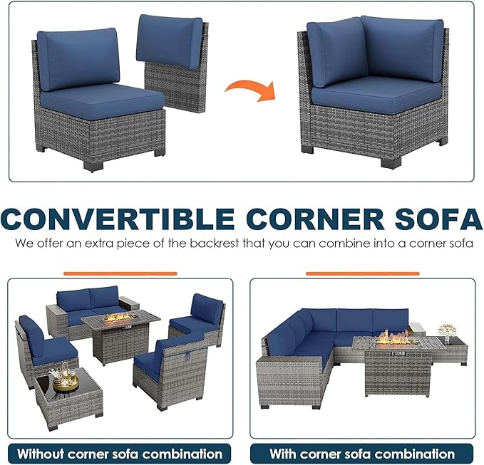 7 Piece Patio Furniture Set with Fire Pit Table, Outdoor Conversation Sets Wicker Rattan Sectional Sofa with Coffee Table for Patio Garden Backyard, 4'' Thickened Cushion Navy Blue
