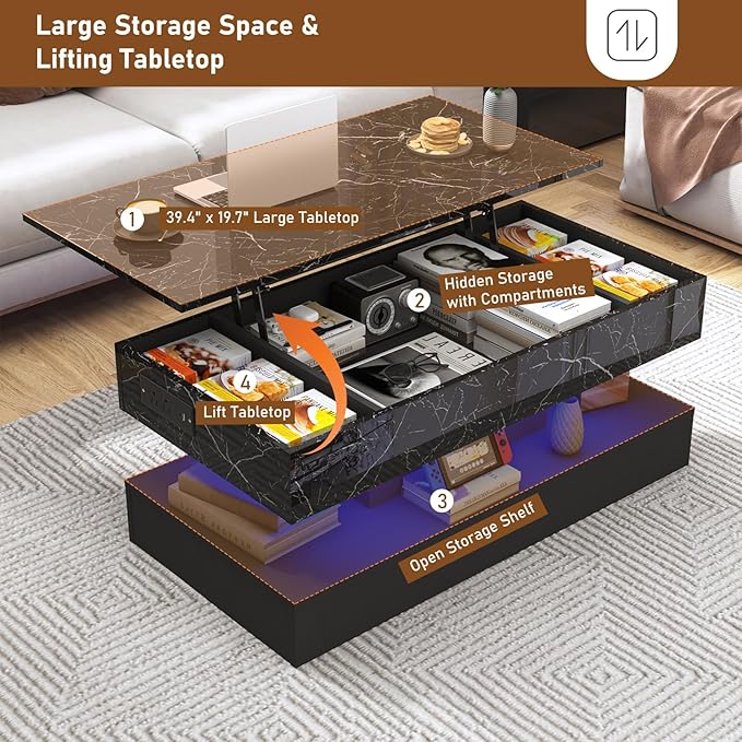 39.4" Large Lift Top Coffee Table, Modern LED High Glossy Coffee Table with Charging Station, Lights, Hidden Compartment Storage, Lift Center Tables for Living Room, Home Office, Black