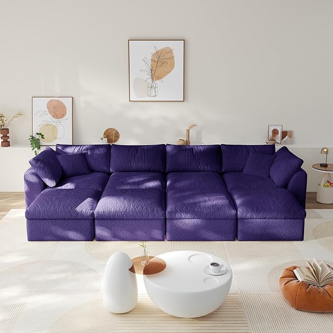 Modular Sectional Sofa Boneless Cloud Couch for Living Room, U Shape Deep Seat Recliner Sofa with Ottoman, Adjustable Backrest & 2 Throw Pillows - Covers Washable, (Purple, 4 Seater+4 Ottoman)