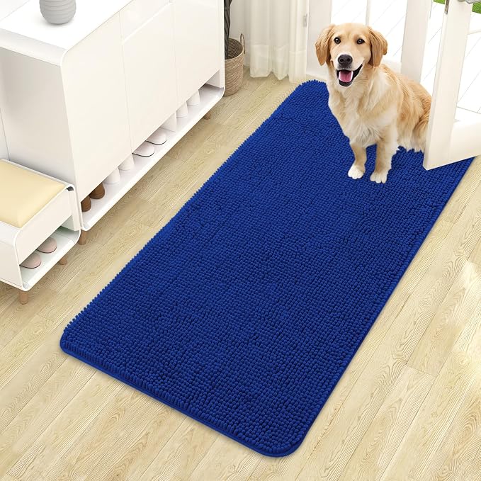 OLANLY Dog Door Mat for Muddy Paws 44x24, Absorbs Moisture and Dirt, Absorbent Non-Slip Washable Doormat, Quick Dry Chenille Mud Mat for Dogs, Entry Indoor Entryway Carpet for Inside Floor, Royal Blue by OLANLY