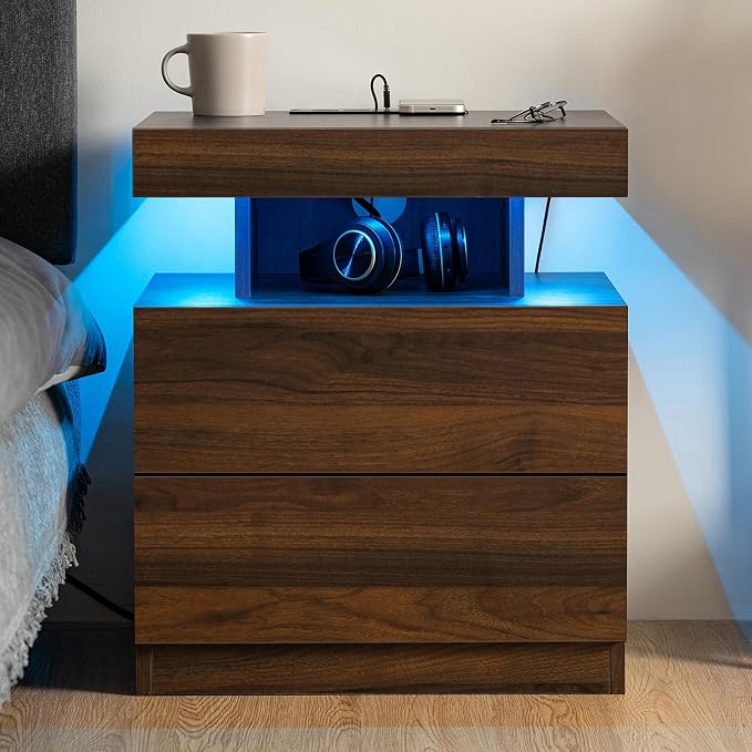 HOMMPA Set of 2 Rustic Nightstand with Wireless Charging Station LED Bedside Table with 2 Drawers End Table with Open Shelf Smart Nightstand Night Stand with Led Light for Bedroom Dark Walnut Wood - Image 9