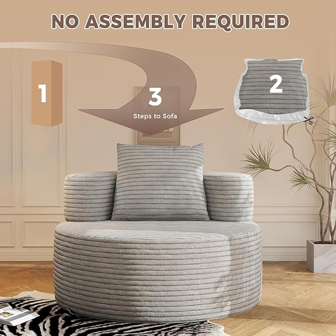 37.4" Boneless Round Chair, Oversized Chaise Lounge Cloud Chair Indoor, Upholstered Corduroy Deep Seat Sofa Accent Chair, No Assembly Required, for Living Room Bedroom Apartment