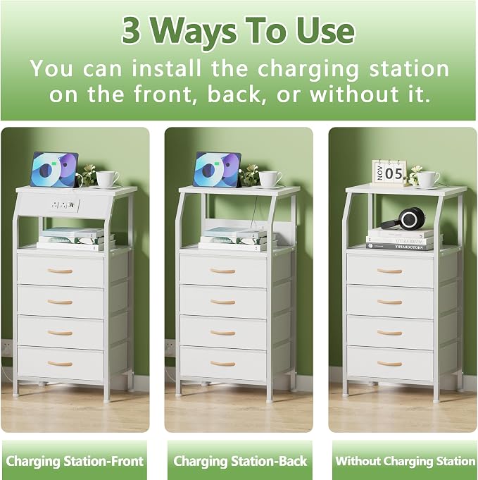 Furnulem Night Stand with Charging Station, Dresser with PVC & Fabric Drawers, 33.3 Inch Side Table with Open Shelf, Tall Bedside Table for Closet, Entryway, Bedroom Furniture, 3 Ways to Use, White - Image 6