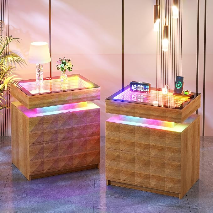 Night Stand Set 2 with Charger Station & RGB Lights, 3 Drawers Bedside Table with Sliding Top, Modern Night Stands with Human Body Sensor for Bedroom, Wood by FREDEES