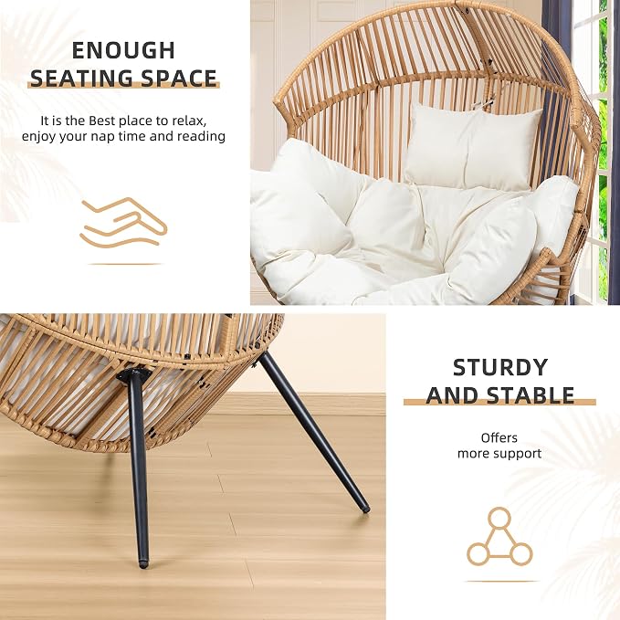 Vongrasig Outdoor Wicker Egg Chair PE Rattan Chair with Cushion, Oversized Patio Lounge Chair for Outdoor, Indoor, Balcony, Backyard, Garden, Beige - Image 5