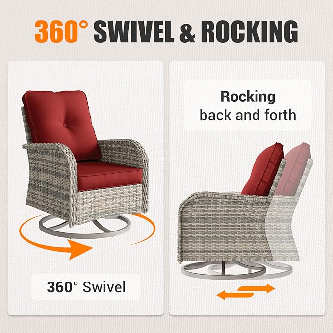 6-Piece Patio Rocking Swivel Chair Outdoor Wicker Rattan Bistro Set with Tempered Glass Side Table, Outdoor Patio Furniture Set for Garden, Deck, and Balcony, Red
