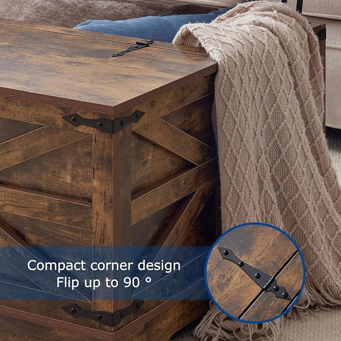 Brown Coffee Table with Storage, Cocktail Table with Hinged Lift Top, Farmhouse Square Wood Center Table with Large Hidden Storage Compartment for Living Room, Square Coffee Table, Metal Edges Decor