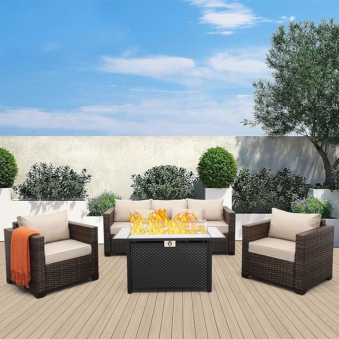 4 Pieces Outdoor Patio Furniture Set 43 in Outdoor Fire Pits Wicker Outdoor Furniture Chairs and Sofa 60000 BTU Outdoor Propane Fire Pit Table Non-Slip Cushions and Waterproof Covers, Khaki