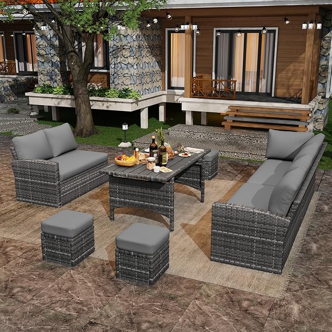U-MAX 7 Pieces Patio Furniture Set with Waterproof Cover, Outdoor Sectional Sofa Conversation Set, All Weather Wicker Rattan Dining Table & Chair with Ottoman, Grey Rattan&Grey Cushion