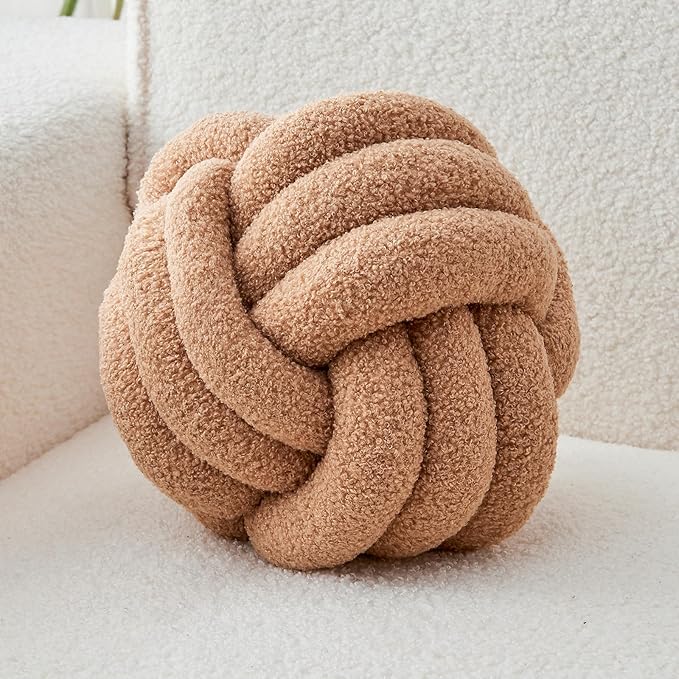 LUSJNGE Decorative Throw Knot Pillow Ball for Home Chair Sofa Couch Bed Aesthetic Round Decor Pillows Lambswool Knotted Pillow Cushion (Khaki, 8inches)