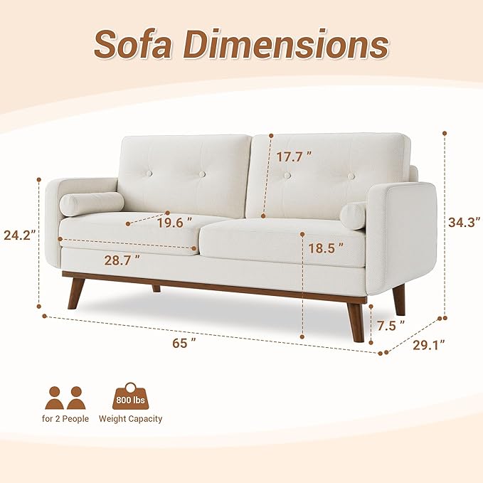 Garvee 65 in Mid Century Modern Loveseat Sofa for Small Spaces, 2 Seater Linen Upholstered Couch with Button Tufted Design & Wood Legs, Small Couch for Living Room, Bedroom, Office, Apartment, Beige