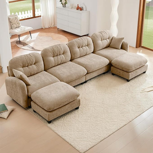 KEIKI 140" U-Shaped Oversized Chenille Modular Sectional Sofa with 2 Ottoman, High-Density Foam Cushions, Tufted Pleated Cushion Backrest, Modern 4-Seater Couch with 2 Pillow, for Living Room, Camel