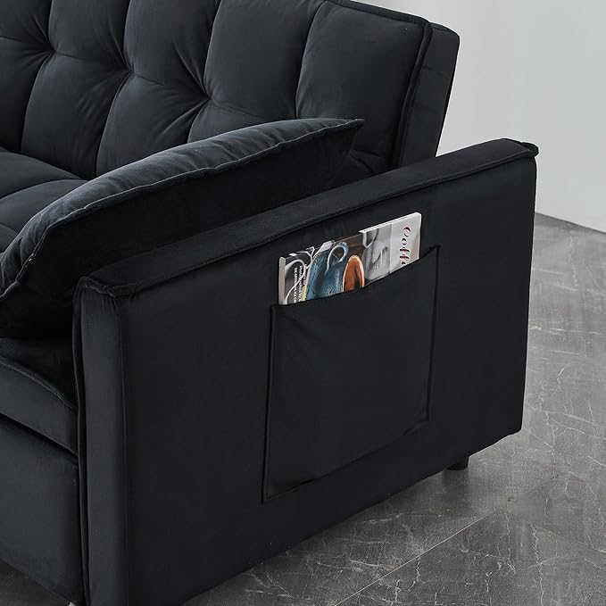55" Modern Velvet Loveseat Sleeper Sofa, 3-in-1 Convertible Pull-Out Bed with Adjustable Backrest, 2 Pillows & Side Pockets, Small Pull Out Couch for Living Room, Apartment(Black)