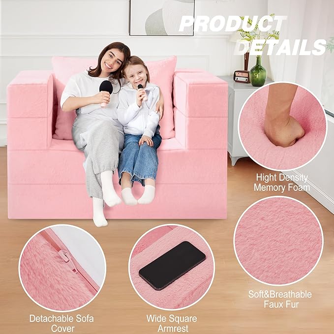 Futon Sofa Bed with Pillow, 3-in-1 Sleeper Sofa Bed with Removable Cover, Convertible Floor Sofa Bed, No Assembly Boneless Couch for Living Room, Bedroom