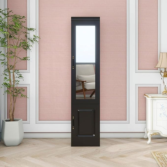 GraceGrove Armoire Wardrobe Closet Cabinet with with Mirror and Single Door, Wardrobe with Hanging Rod, Wood Closet Storage for Large Storage, Bedroom Armoires and Wardrobes Black
