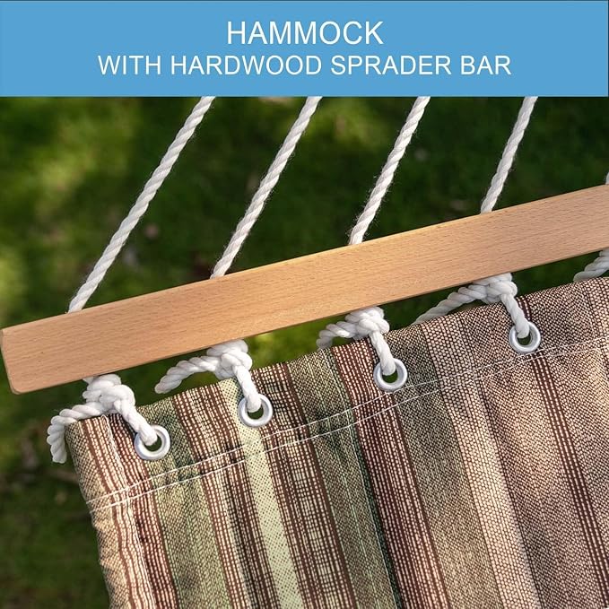 Lazy Daze 12 FT Quilted Fabric Double Hammock with Spreader Bars and Detachable Pillow, 2 Person Hammock for Outdoor Patio Backyard Poolside, 450 LBS Weight Capacity, Mixed Green & Brown Stripe - Image 5