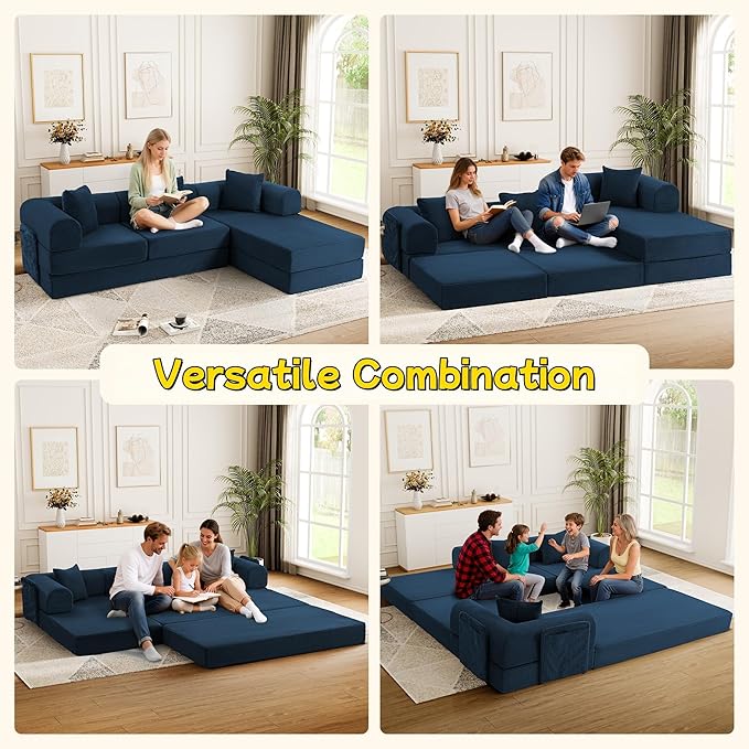 106.3" L Shape Convertible Sleeper Sofa Bed, Oversized Modular Sectional Cloud Sofa with Fixed-Shape Frame & Storage Pocket, Boneless Couch for Living Room, No Assembly Required, Blue