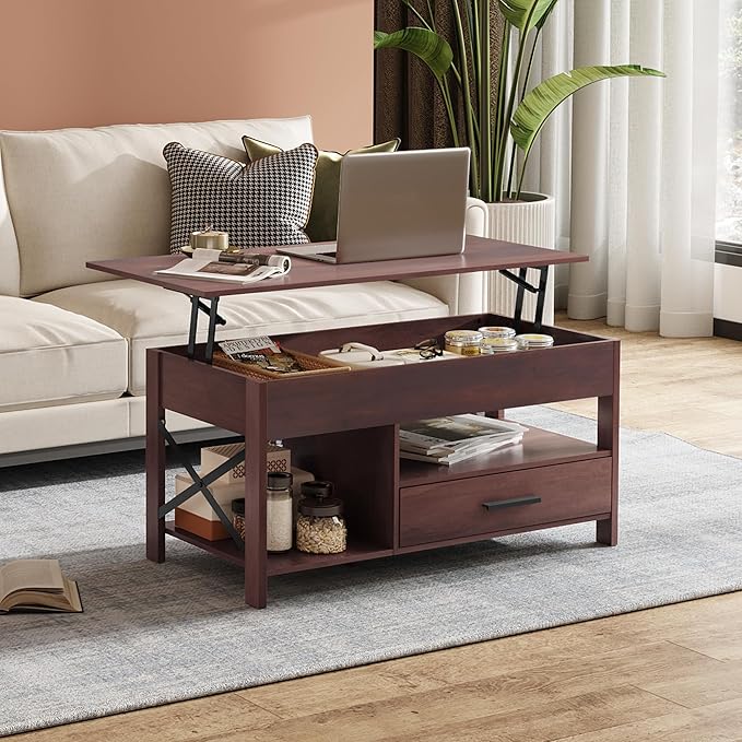 WLIVE Coffee Table, 39" Lift Top Coffee Table with Hidden Compartment, Storage Drawers and Storage Shelf for Living Room, Reception Room, Espresso