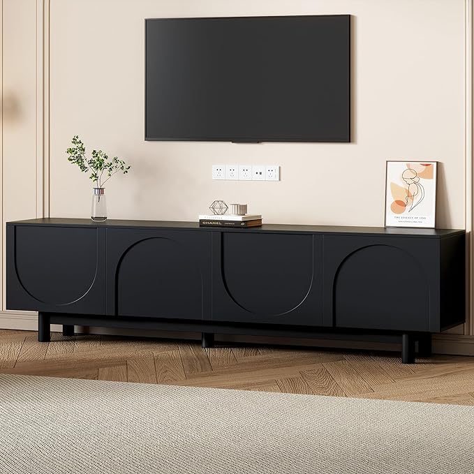 ON-TREND Graceful TV Stand with Arch Cabinets for TVs Up to 78'', Minimalist Entertainment Center with Solid Wood Legs, Practical Media Console with Adjustable Shelves for Living Room, Black by HarperBrightDesigns