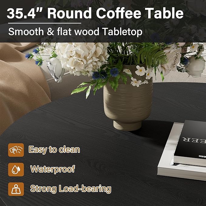 Round Coffee Table, 35.4" Circle Wide Coffee Table, Wood Table and Center Table for Living Room, Black