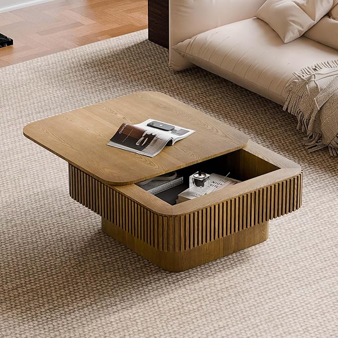 31.5'' Small Square Coffee Table with Storage, Fluted Coffee Table with Solid Wood Veneered, Mid Century Modern Wooden Center Table, Accent Tea Table for Small Space Living Room Apartment, Brown