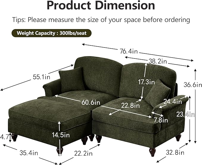 KEIKI Mid Century Modular Sofa with Flared Arms and Skirted Design, 76" Loveseat with Ottoman Chenille L-Shaped Sectional Couches for Living Room, Small Spaces Soft Chaise Lounge Indoor, Green