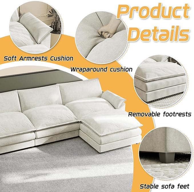 Shahoo Sectional Modular Sofa U Shaped Chenille Fabric Couch with High Supportive & Soft Sponges and Removable Ottoman, Sleeper Comfy Upholstered Furniture for Living Room, Bright Beige