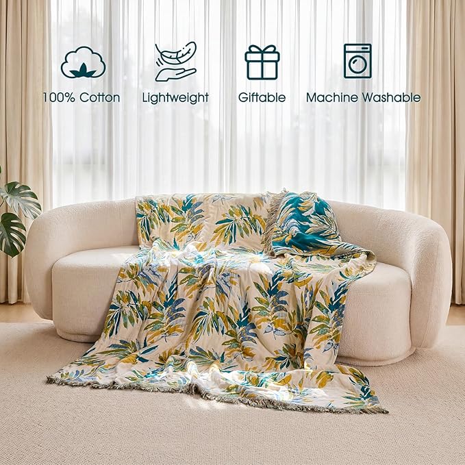 Boho Throw Blanket - 100% Cotton Throw Blankets for Bed Couch, 50"x60" Soft Muslin Lightweight Spring Throw Blanket, Cozy Plant Printed Bohemain Bedding Decor Green Throw Quilt