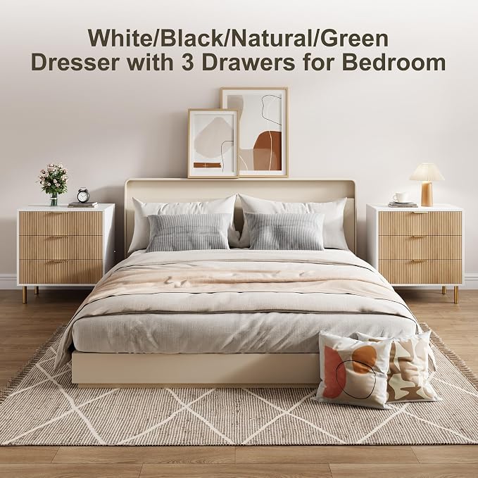 GarveeHome Natural Dresser, Modern 3 Drawer Dresser for Bedroom with Gold Handle and Large Drawer, Wood Double Chest of Drawers and Storage Organizer for Living Room, Hallway, Entryway - Image 4