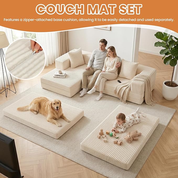 Modular Sectional Sofa, Boneless Convertible Oversized Sleeper Sofa Bed, Modern Tri-Folding Cloud Couch with L-Shape Chaise, Corduroy Futon Couches for Living Room Small Spaces Apartment,No Assembly