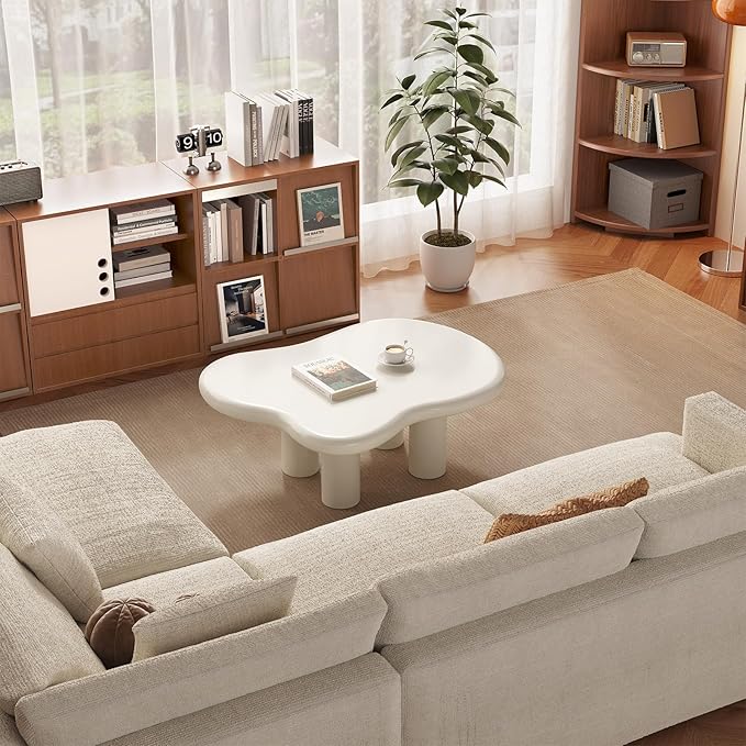 Guyii 35.43" Cloud Coffee Table, Cream White Coffee Table for Living Room, Cartoon Irregular Indoor Tea Table, Modern End Table with 4 Legs