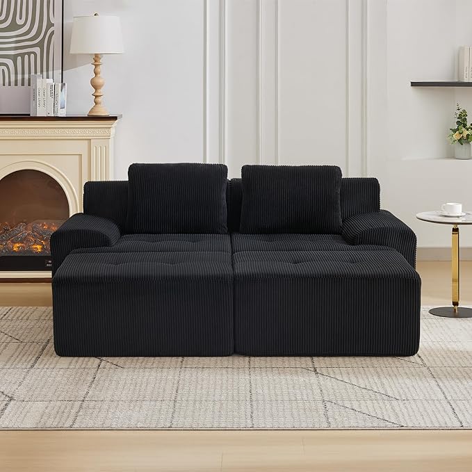 Modular Sectional Sofa with Movable Ottoman, 2 Seat Deep Seat Couch with 2 Pillows, Comfy Cloud Sectional Sofa for Living Room, Bedroom and Apartment (Black, 1 Left+1 Right+2 Ottoman)