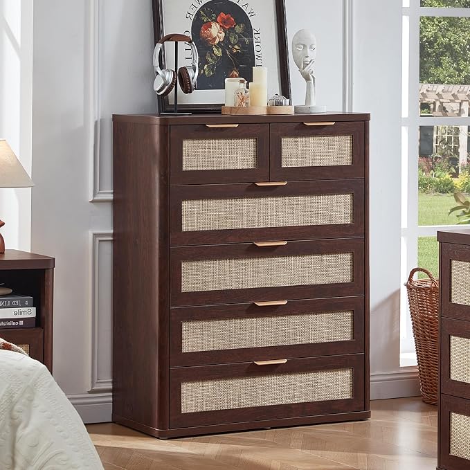 LEYAOYAO Rattan Dresser for Bedroom Set of 2, 41" Tall Chest of Drawers, Modern 6 Drawers Boho Dressers with Storage, Vintage Brown Dresser Wooden Closet Organizer for Living Room, Hallway - Image 5