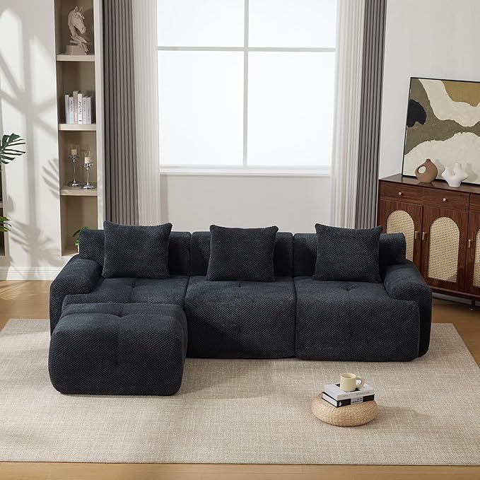 104" L-Shaped Compressed Sectional Cloud Sofa, Flannel Upholstered Modular Tufted Sofa with 4 Pieces, Modern Floor Boneless Foam Modular Cloud Couches for Living Room