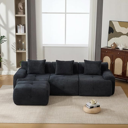 104" L-Shaped Compressed Sectional Cloud Sofa, Flannel Upholstered Modular Tufted Sofa with 4 Pieces, Modern Floor Boneless Foam Modular Cloud Couches for Living Room