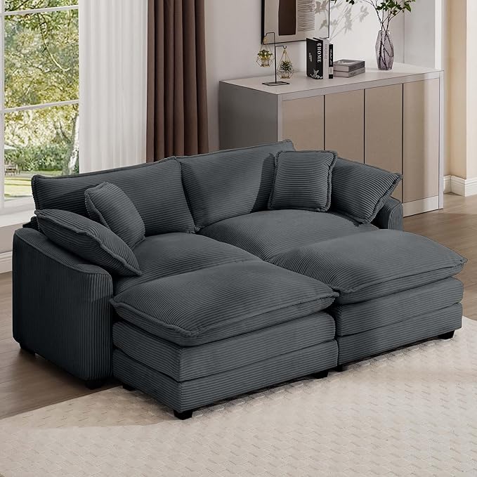 KEIKI 80" Oversized Corduroy Modular Sectional Loveseat Sofa with 2 Ottoman, High-Density Foam Cushions, Removable Armrests, Upholstered 2-Seater Corner Couch with 4 Pillow, for Living Room, Grey