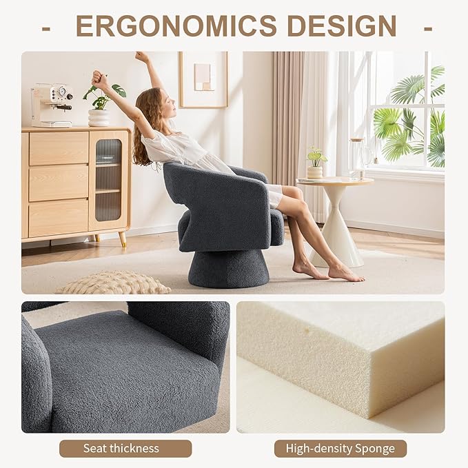 ClinQ Swivel Barrel Accent Chair, Oversized Teddy Upholstered Round Swivel Chairs Set of 1, Modern Luxury 360° Living Room Vanity Chair for Bedroom Office&Living Room, Grey