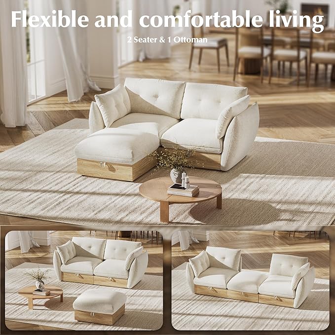 70" Loveseat Sofa with Storage, Cotton and Linen Fabrics Modern Oversized Modular Sectional Cloud Couch with Armrest Pillow, Easy Assembly for Small Spaces, Ivory