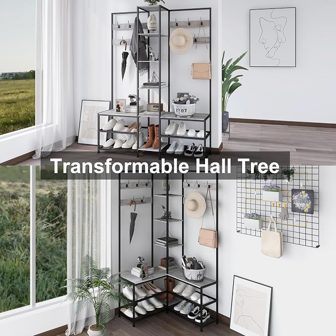 GiftGo Corner Hall Tree with Shoe Rack Storage Bench Display Open Shelves Modern Industrial Entryway Coat Rack Stand for Home Living Room Mudroom Bedroom Multifuncitonal 5 in 1 (Greige) - Image 2