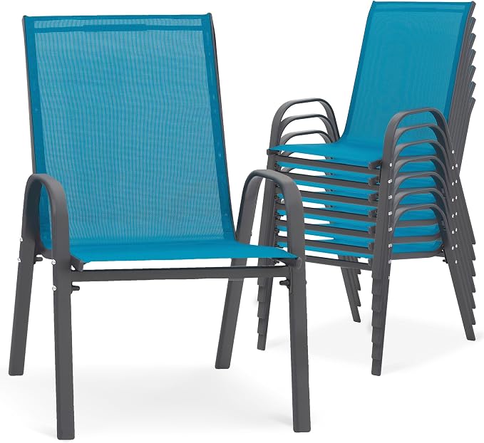 Outdoor Stackable Chairs Set of 8, Stacking Patio Chairs with Textilene Fabric, Outside Furniture for Garden Backyard Balconie Poolside Deck, Blue by Villeston