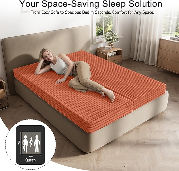 MeMoreCool Convertible Sofa Bed, Folding Floor Couch Bed Queen, Pull Out Sleeper Couch with Pillows, Fold Out Futon Sofa for Bedroom Living Room Small Space, Corduroy Orange